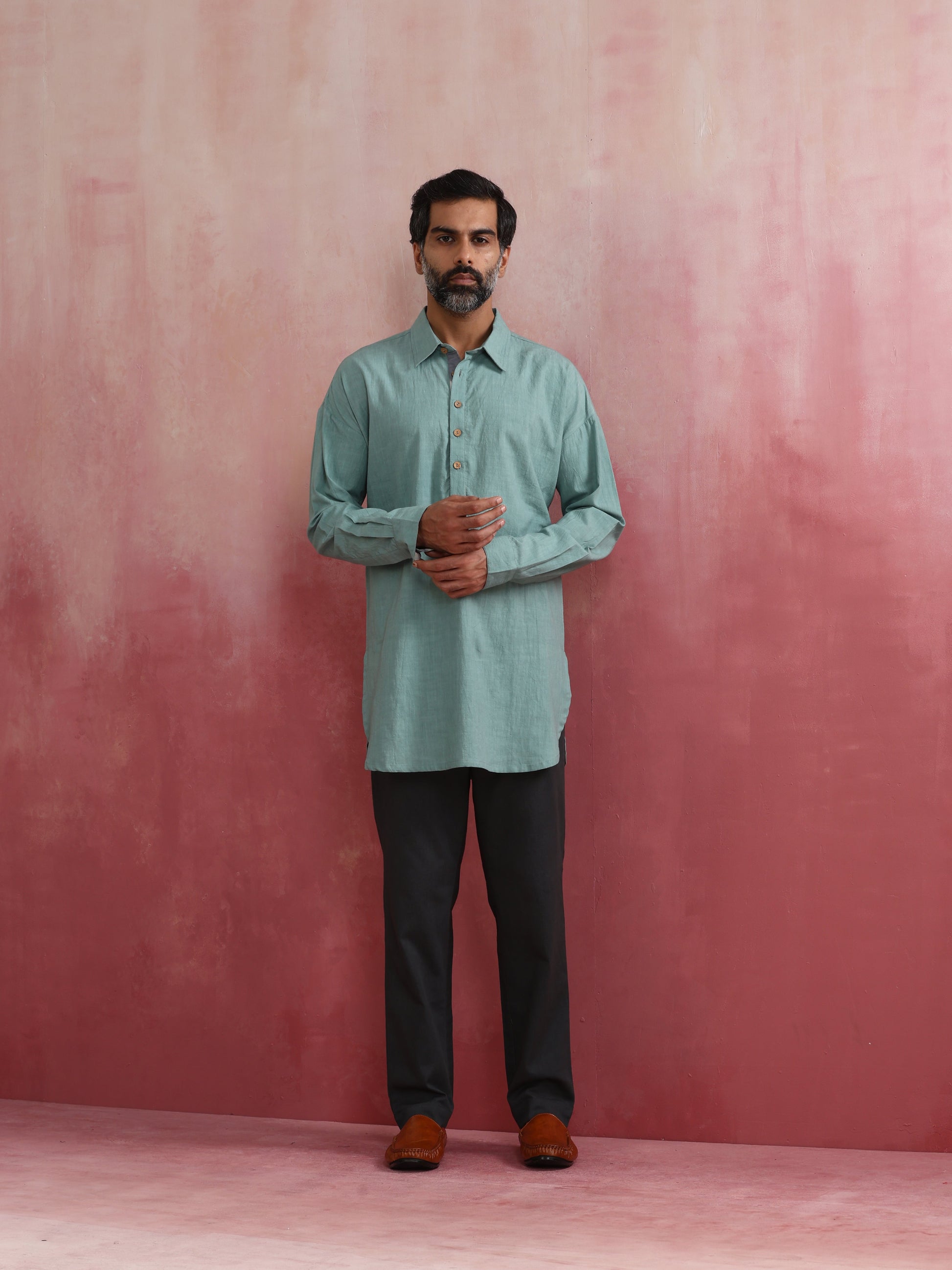 trueBrowns Men's Aqua Blue Cotton Shirt Collar Stylized Kurta | Swadesiicart