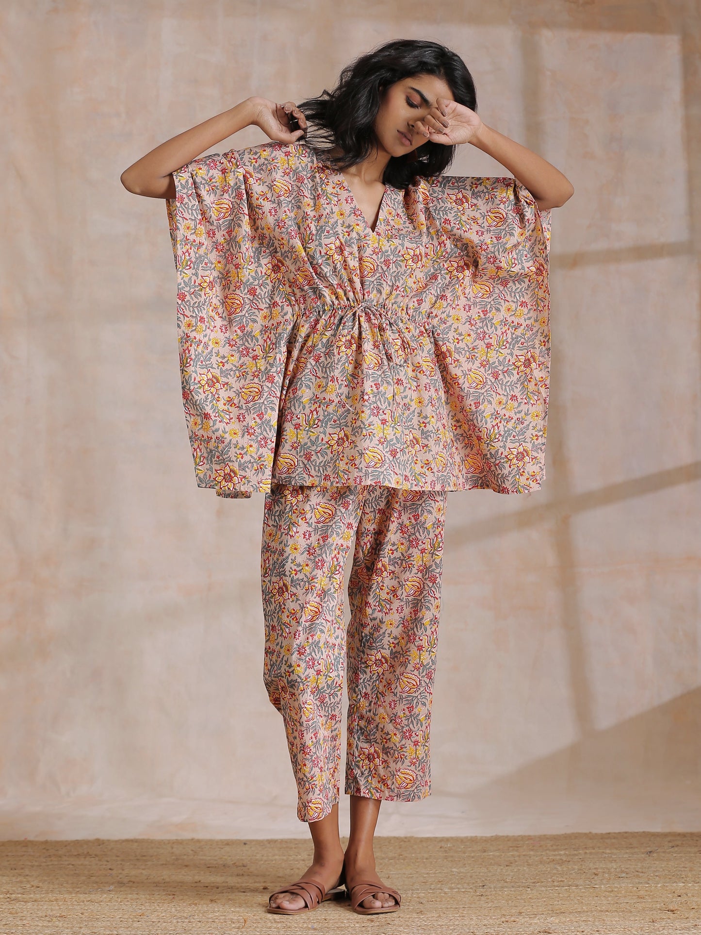 trueBrowns Multicolor Beige Overall Floral Block Print Cotton Kaftan Co-Ord Set - Swadesiicart