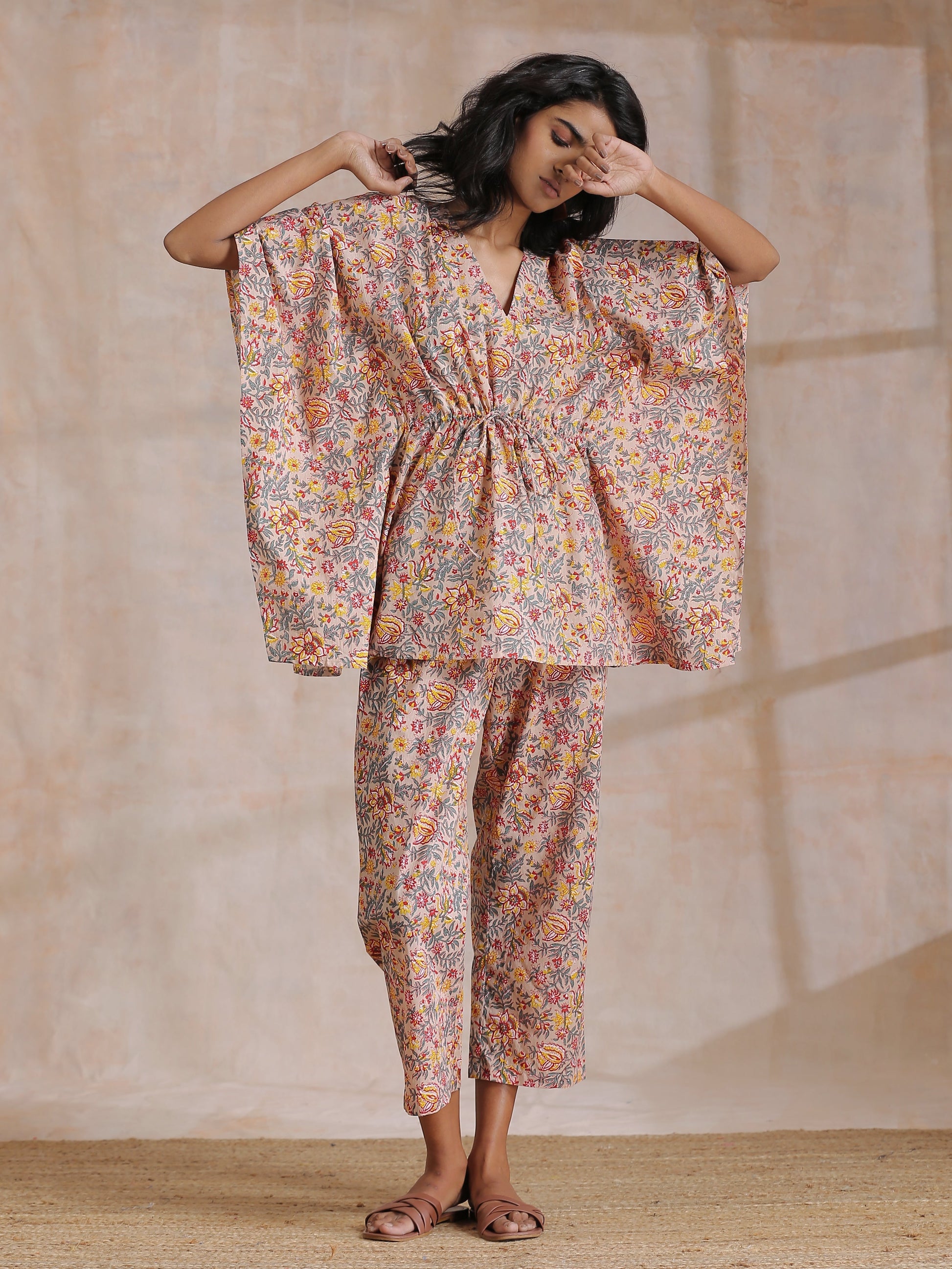 trueBrowns Multicolor Beige Overall Floral Block Print Cotton Kaftan Co-Ord Set - Swadesiicart