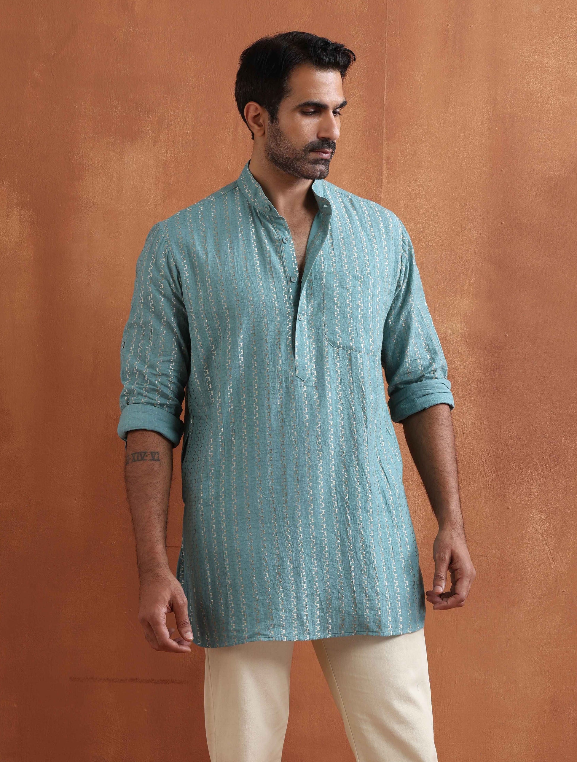 trueBrowns Men's Green Cotton Dobby Short Kurta | Swadesiicart