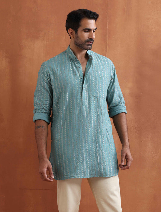 trueBrowns Men's Green Cotton Dobby Short Kurta | Swadesiicart