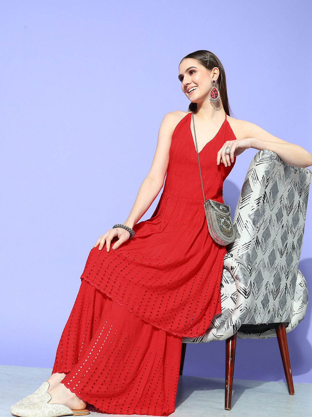 InWeave Women's Red Lace Work Backless Kurta Sharara Set - Swadesiicart