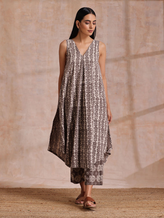 trueBrowns Clay Dabu Buta Print Cotton Sleeveless Flared Kurta Pant Set | Swadesiicart