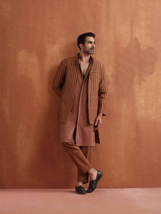 trueBrowns Men's Brown Cotton Dobby Long Jacket | Swadesiicart