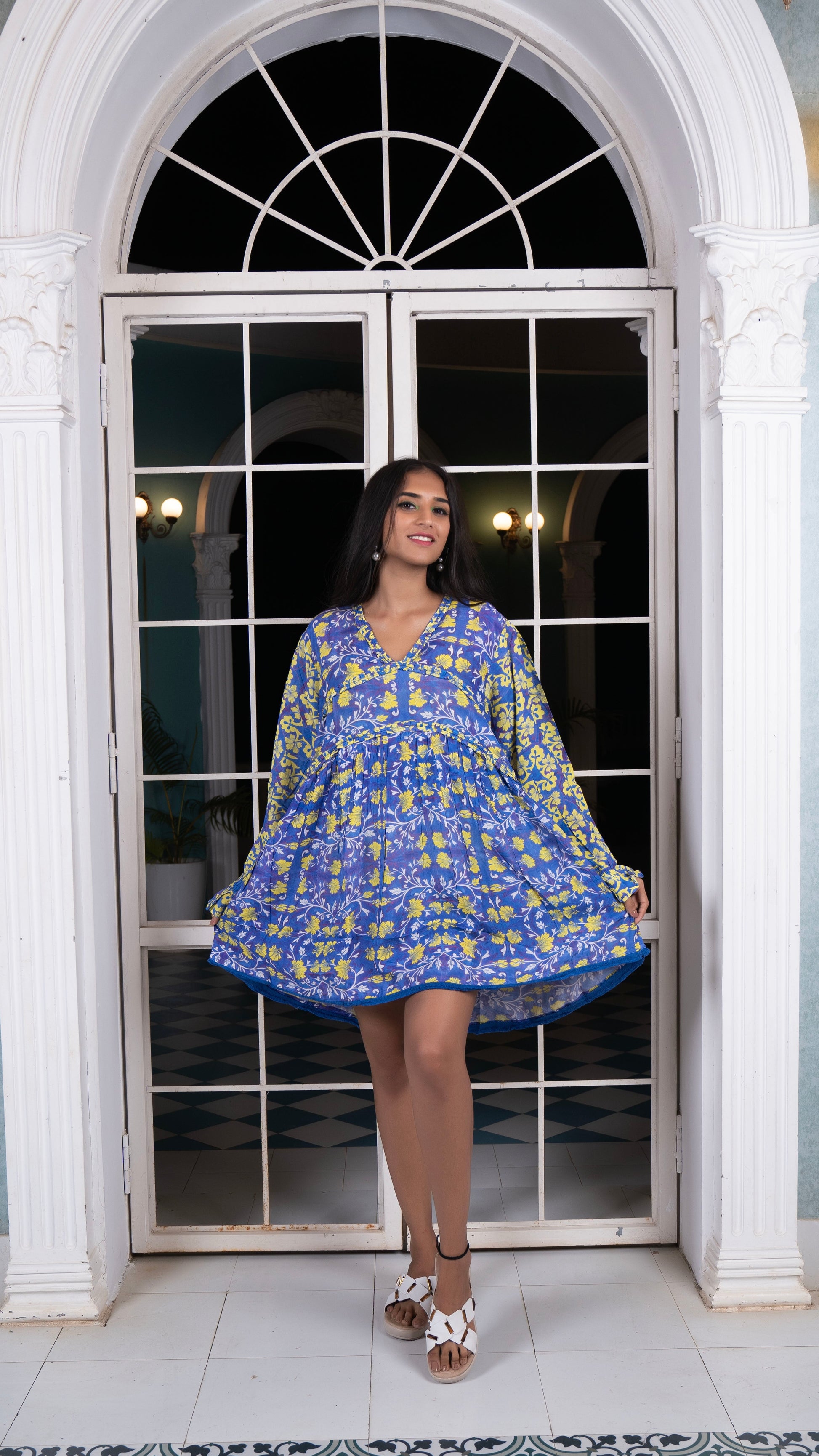Noroke Cupro Muslin Blue Pottery Tunic Dress | Swadesiicart