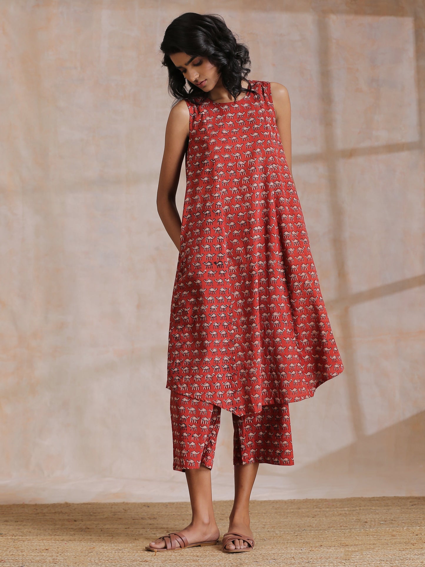 trueBrowns Rust Red Bagru Camel Print Cotton High-Low Co-Ord Set - Swadesiicart