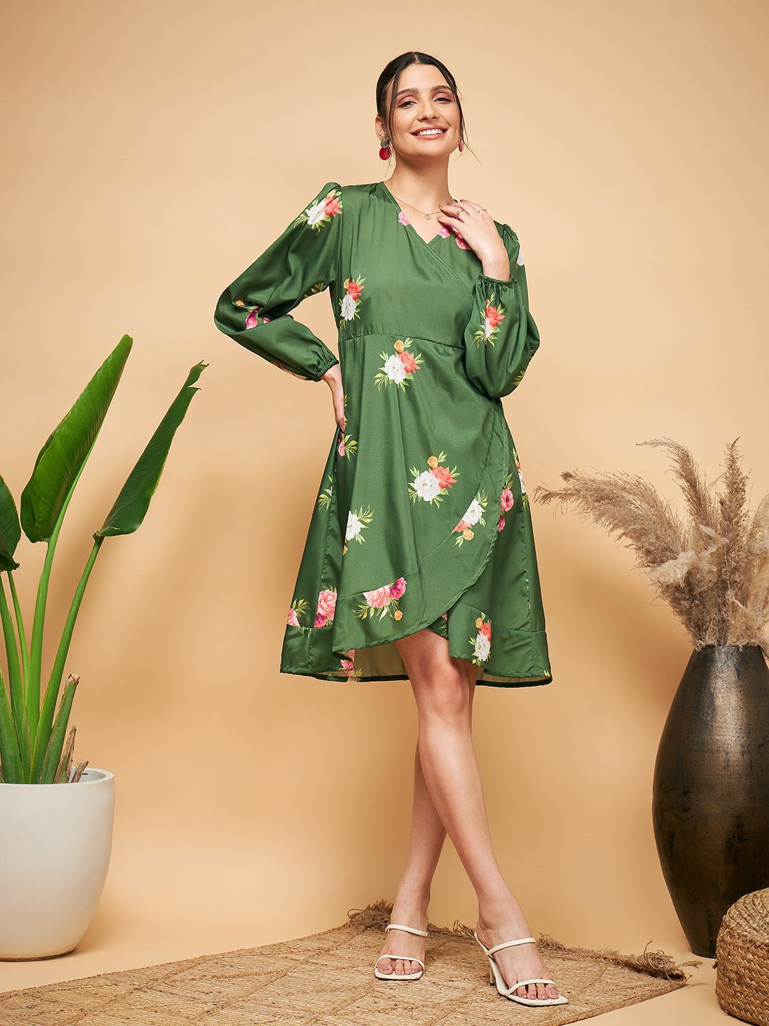 InWeave Women's Green Small Flower Belted Dress - Swadesiicart