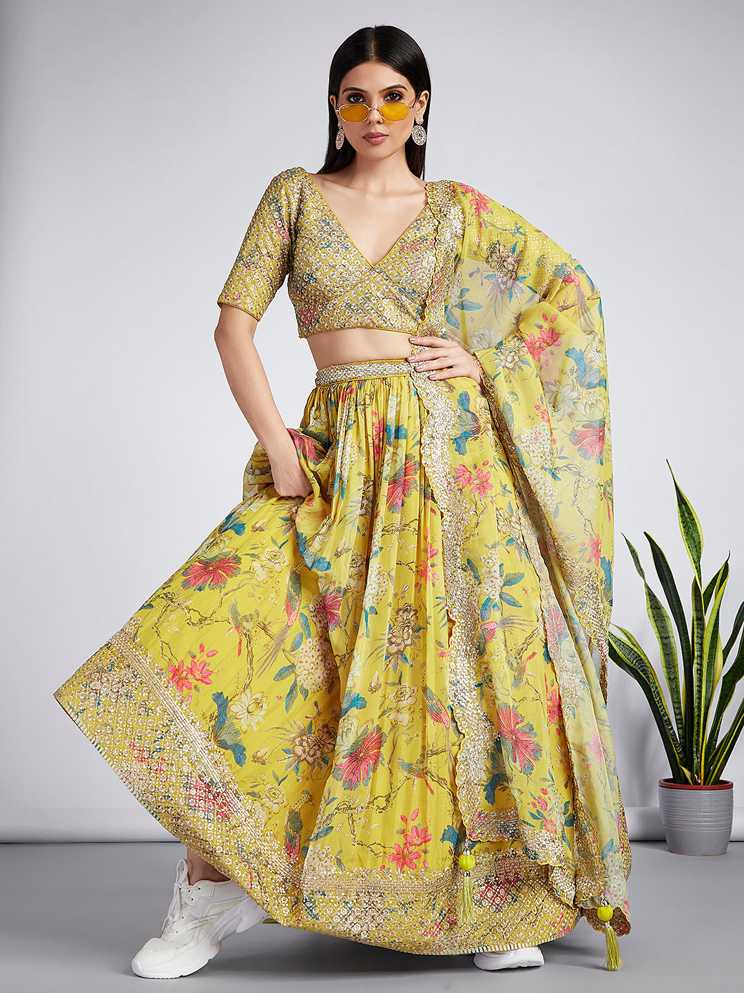House of Panchhi Mustard Colour Organza Floral Design Digital Print Lehenga Choli & Dupatta | Swadesiicart
