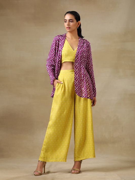 trueBrowns Lime Green Bandhani Printed Silk Top Pant with Purple Printed Jacket Set | Swadesiicart