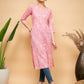InWeave Women's Light Pink Floral Print Straight Angrakha Gota Kurta - Swadesiicart