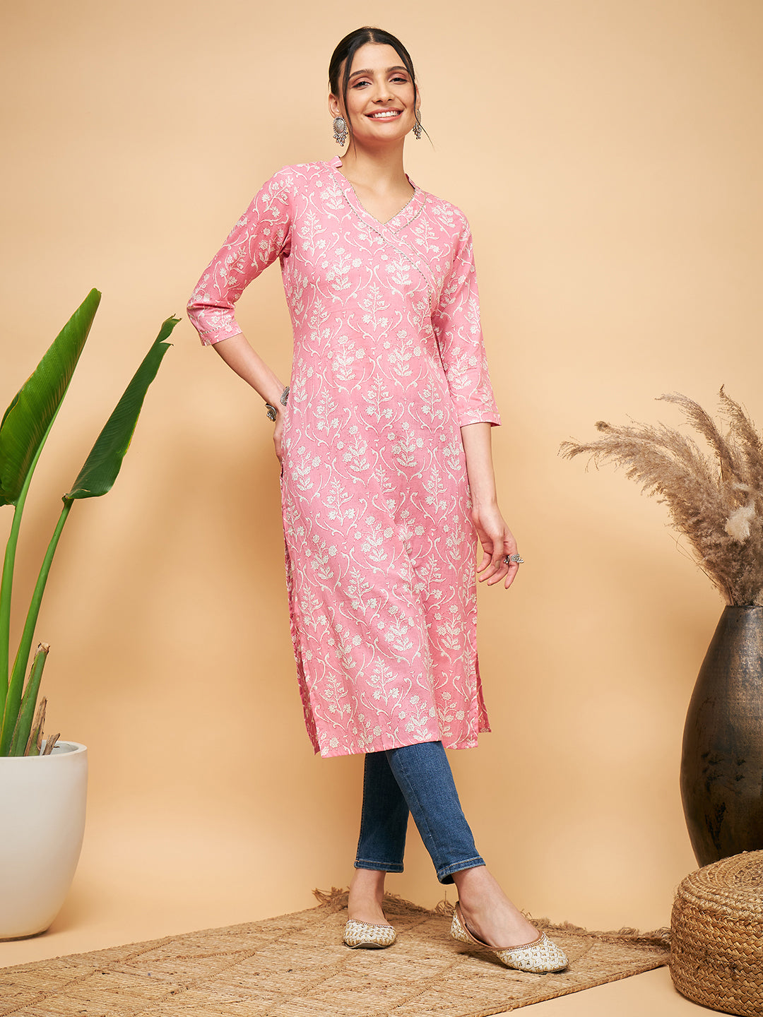 InWeave Women's Light Pink Floral Print Straight Angrakha Gota Kurta - Swadesiicart