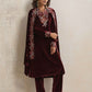 trueBrowns Maroon Velvet Floral Embroidered Kurta Pant Dupatta Set | Swadesiicart