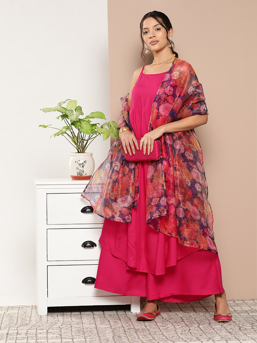 InWeave Women's Fuchsia Strappy Set With Navy Floral Organza Dupatta - Swadesiicart