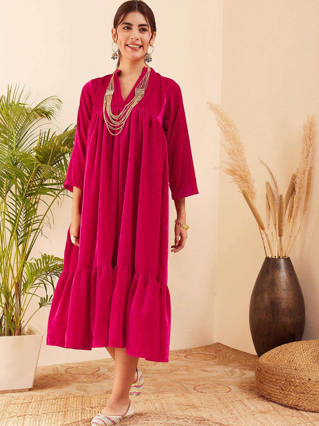 InWeave Women's Fuchsia Velvet Manderia V Neck Flared Dress - Swadesiicart