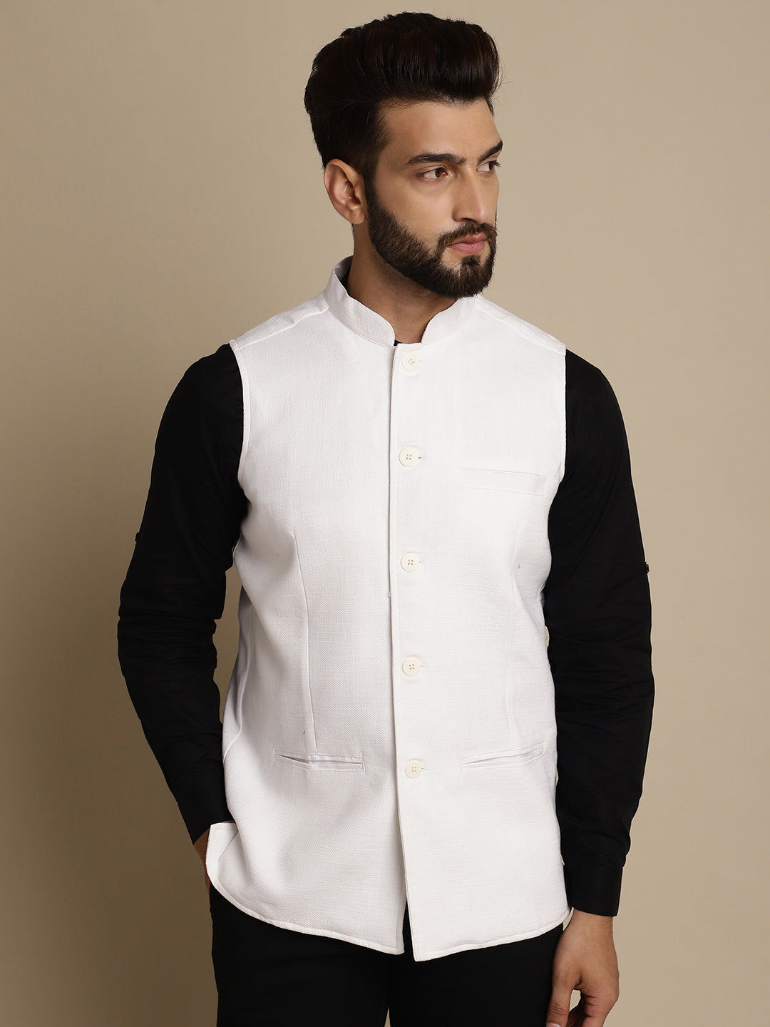 Even Apparels Men's White Mandarin Collar Waistcoat | Swadesiicart