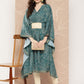 Ahalyaa Women Floral Printed Flared Sleeves Patchwork Belted Detail Crepe Kaftan Kurta | Swadesiicart