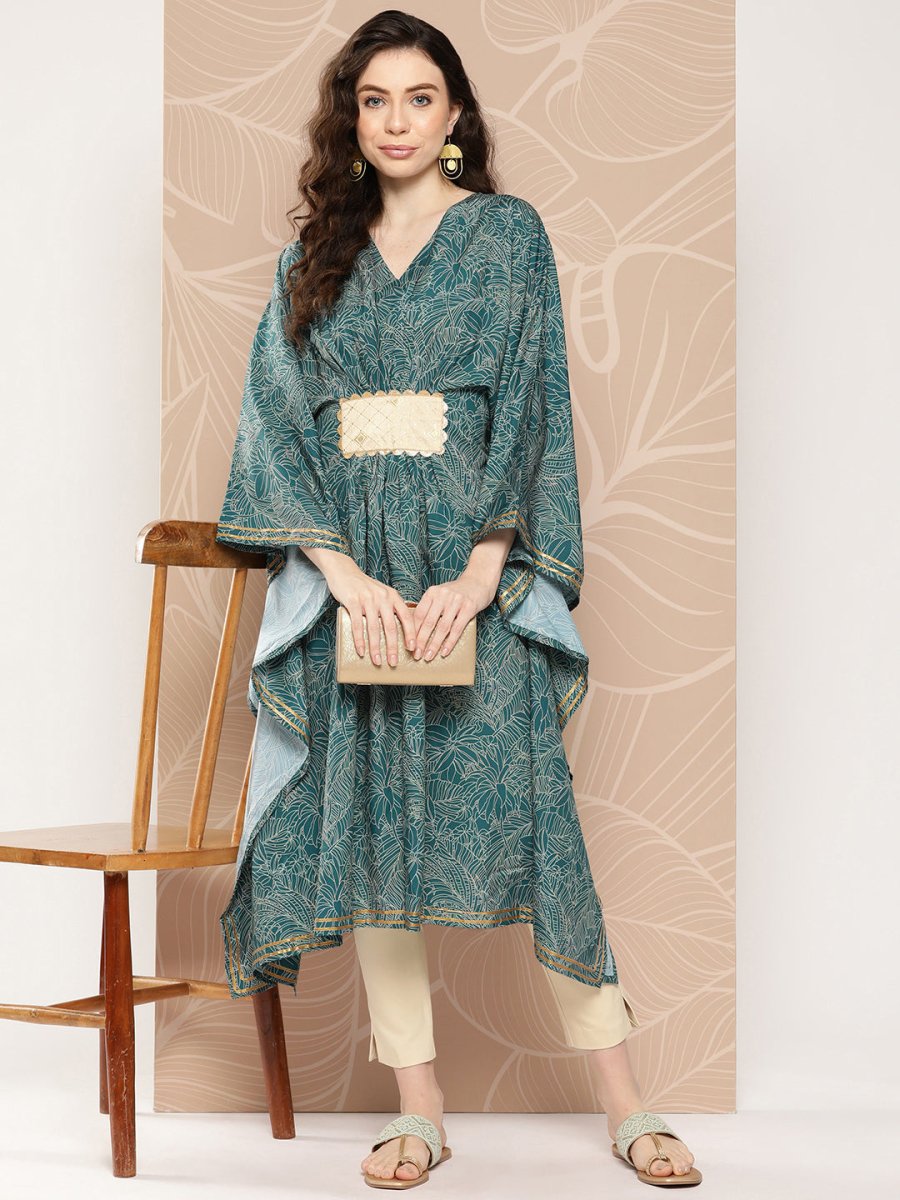 Ahalyaa Women Floral Printed Flared Sleeves Patchwork Belted Detail Crepe Kaftan Kurta | Swadesiicart