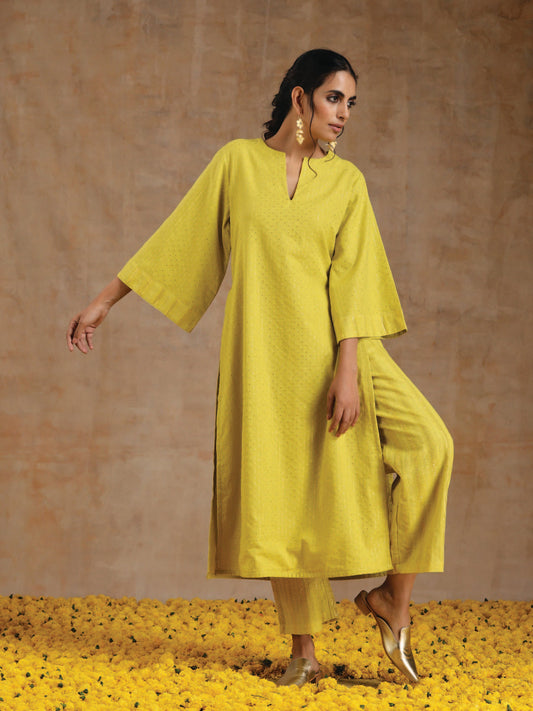 trueBrowns Lime Gold Cotton Relax High Slit Kurta Set | Swadesiicart