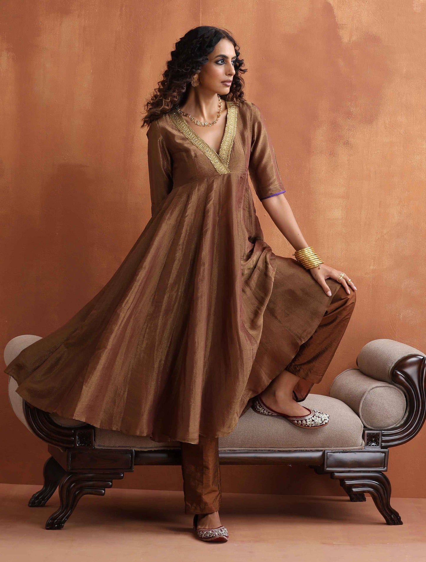 trueBrowns Bronze Tissue Flared Anarkali Kurta Set | Swadesiicart