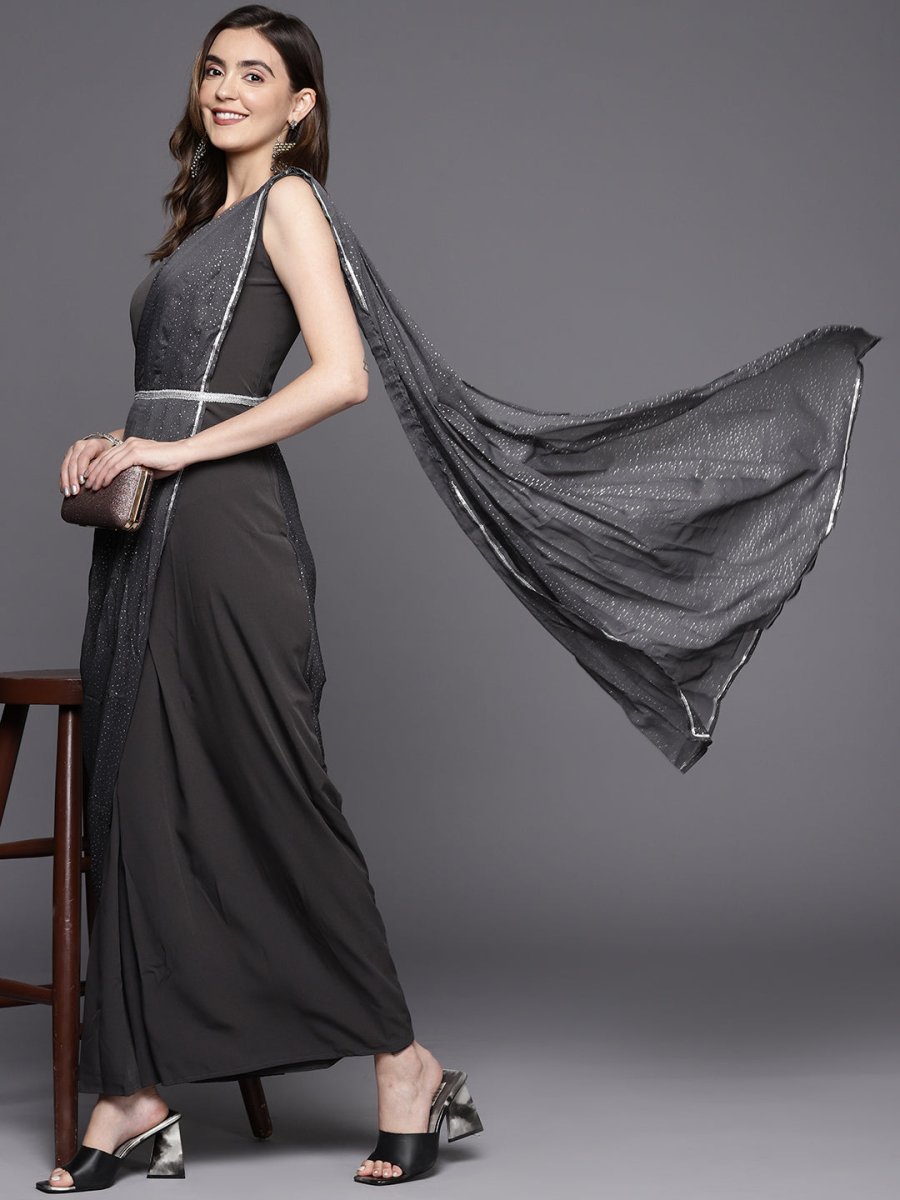 Ahalyaa Abstract Print Layered Crepe Ethnic Dress | Swadesiicart
