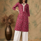 InWeave Women's Burgundy Maroon Print V Neck Lace Work Straight Kurta - Swadesiicart