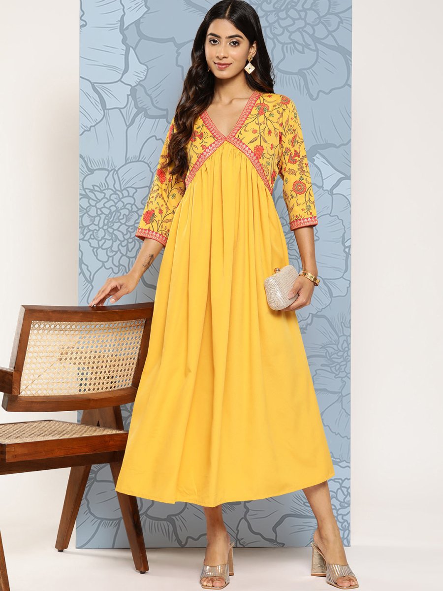 Ahalyaa Floral Print Crepe Empire Midi Ethnic Dress | Swadesiicart