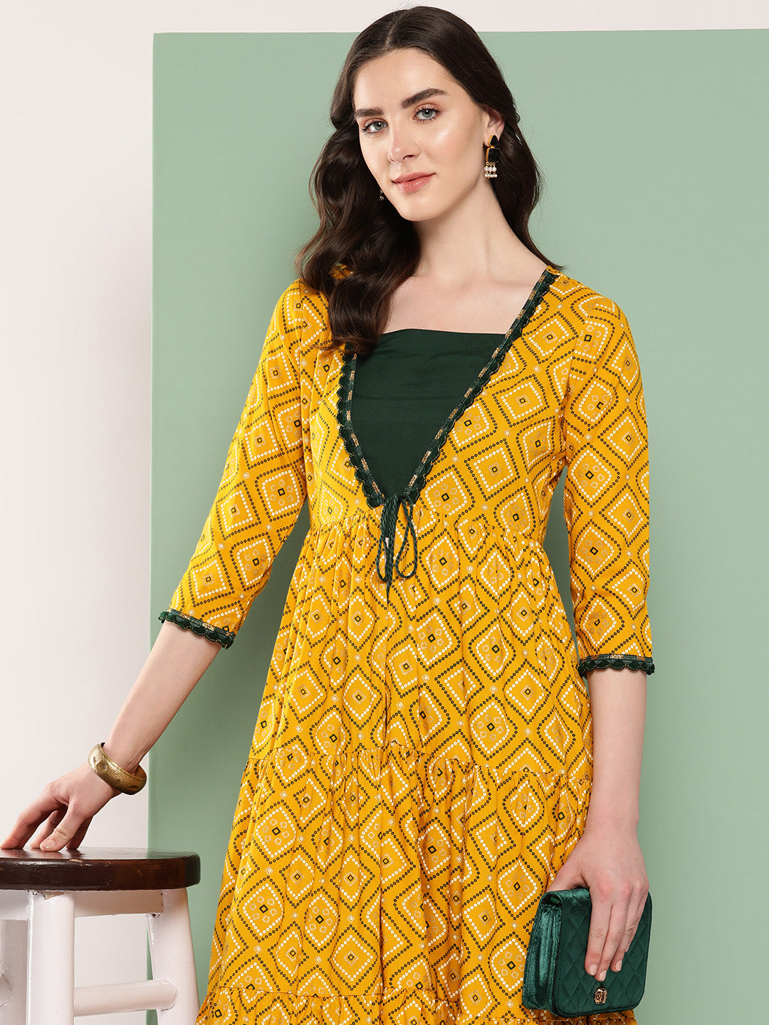 InWeave Women's Green Top Bottom W Mustard Bandhej Long Shrug Set - Swadesiicart