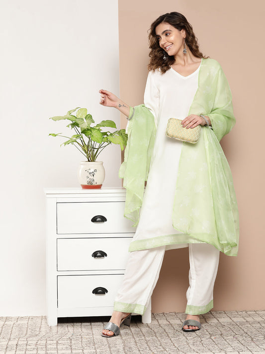 InWeave Women's Cream Straight Kurta Set W Green White Print Organza Dupatta - Swadesiicart