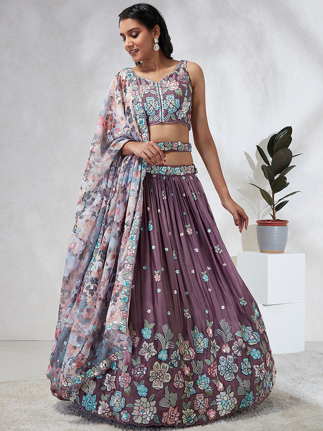 House of Panchhi Lavender Georgette Sequins And Thread Embroidery Lehenga Choli & Dupatta | Swadesiicart
