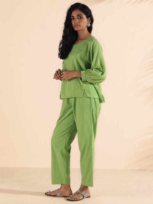 trueBrowns Green Cotton Dobby Short Co-ord Set - Swadesiicart