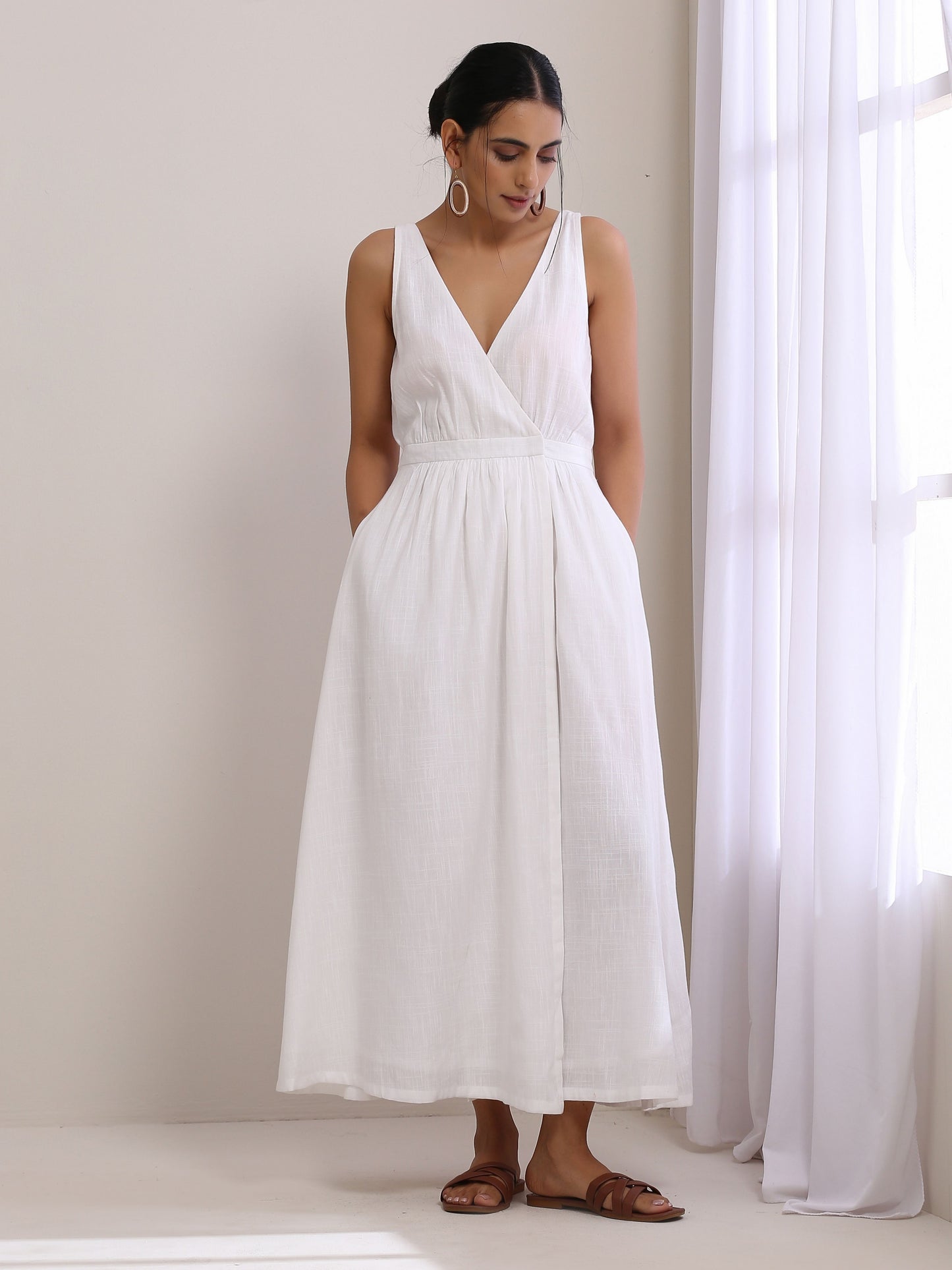 trueBrowns White Slub Texture Sleeveless Wrap Dress | Swadesiicart