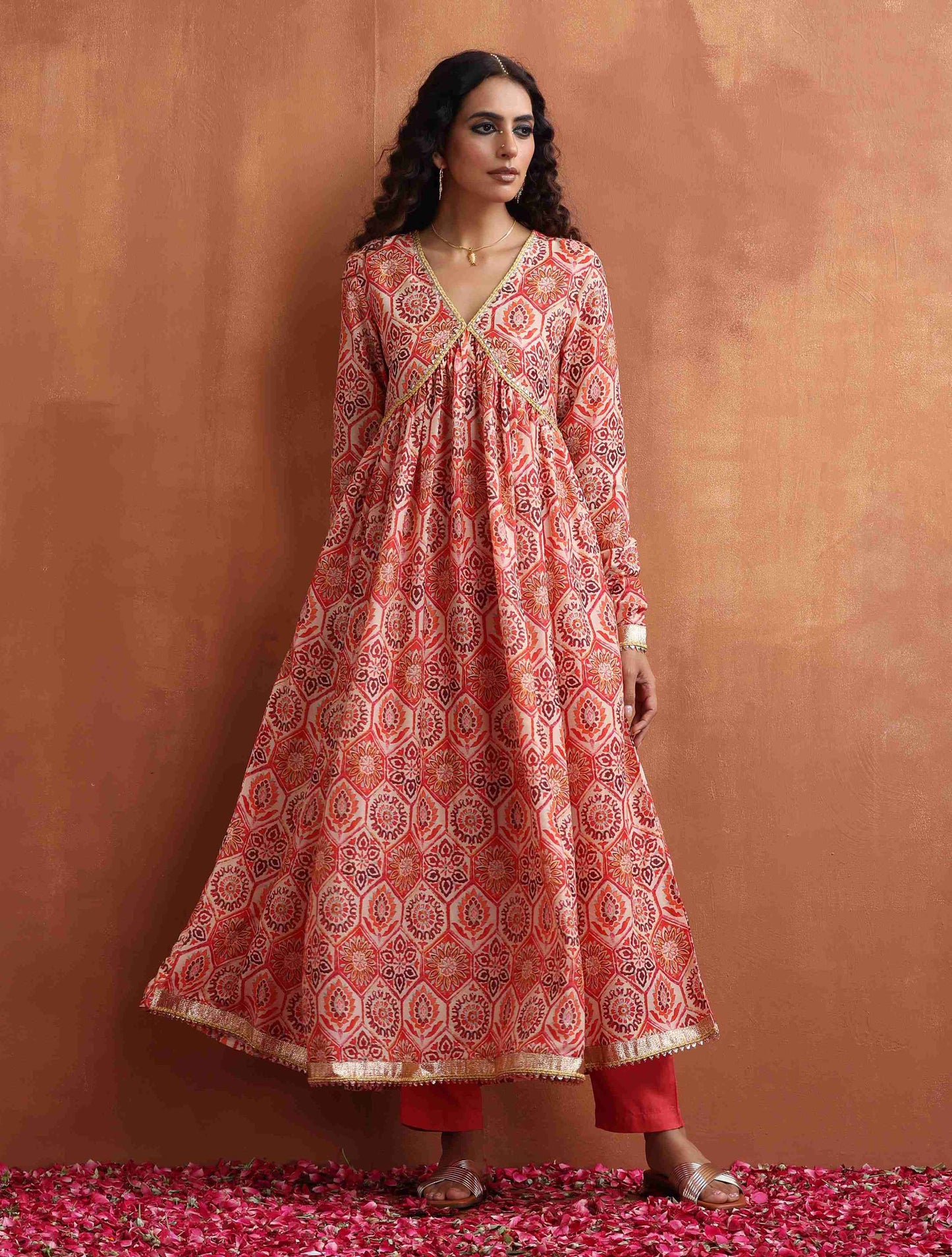 trueBrowns Beige Print Flared Anarkali Kurta Set | Swadesiicart