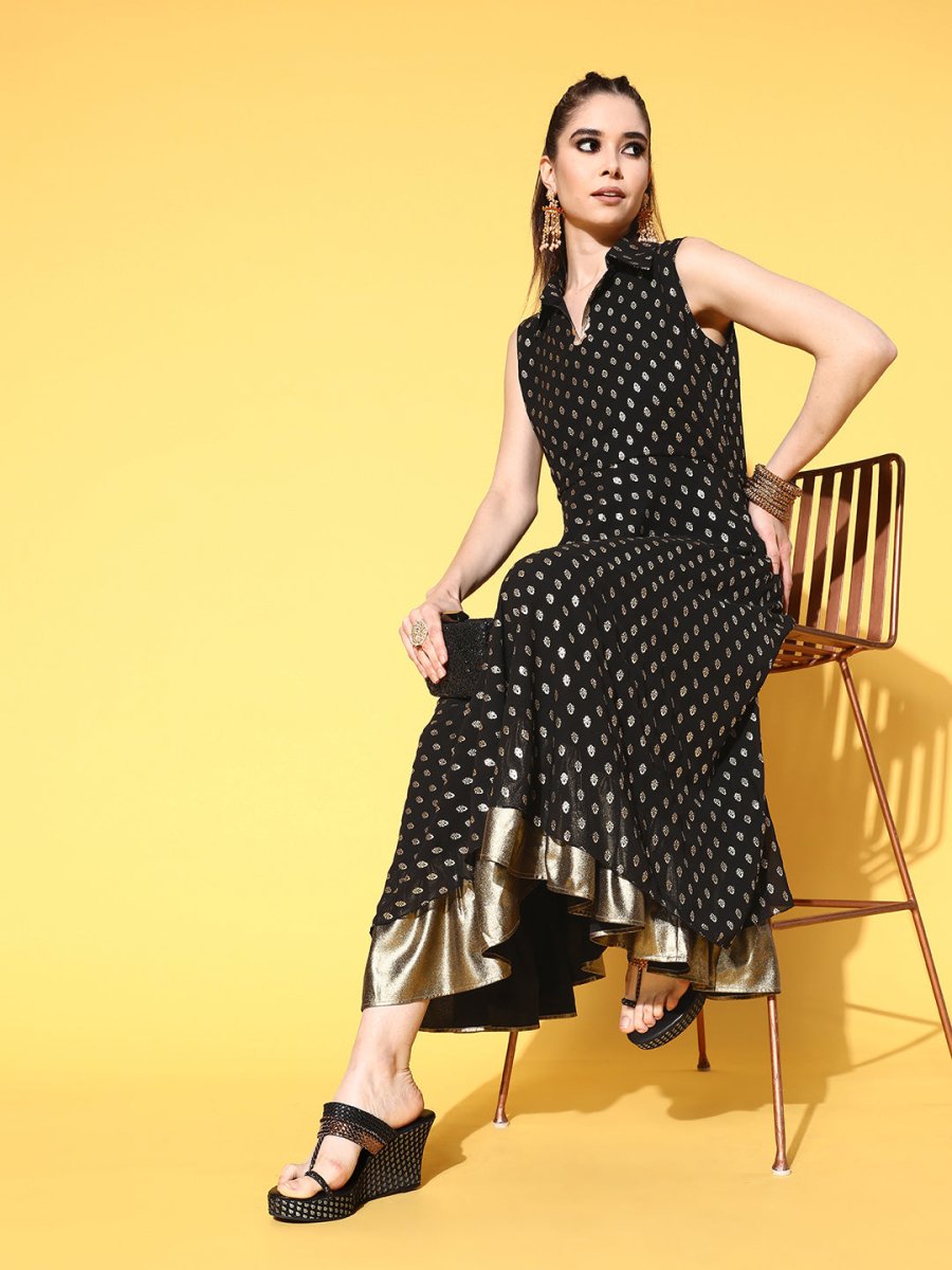 Ahalyaa Black Georgette Ethnic Motifs Printed Shirt-Collar Midi Fit & Flare Ethnic Dress | Swadesiicart