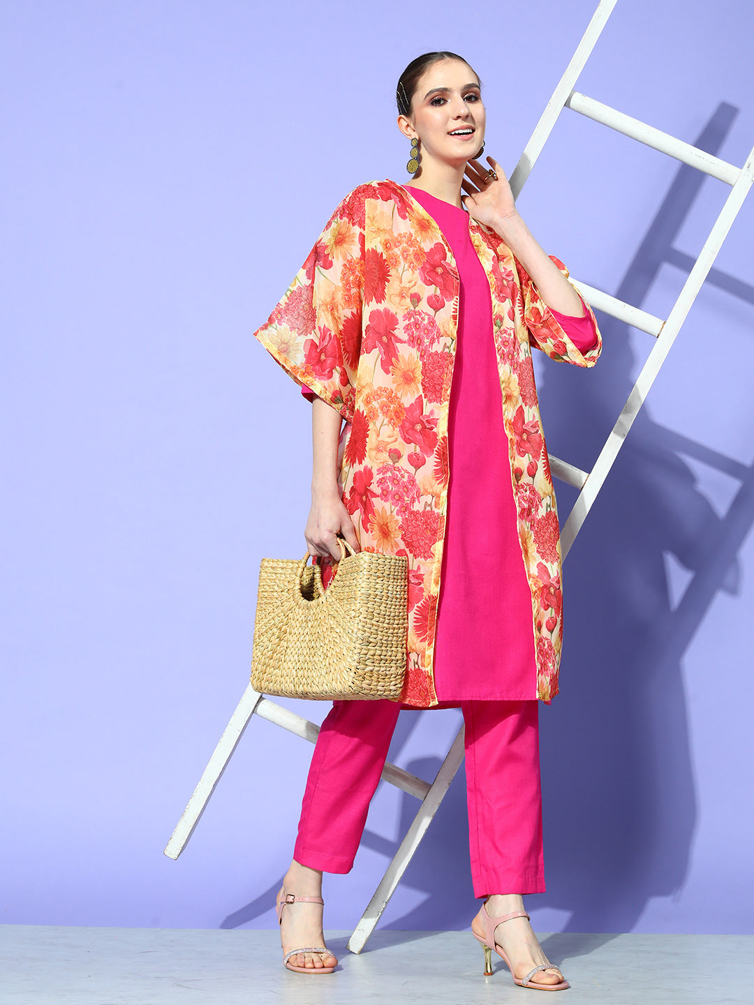 InWeave Women's Red Mustard Chintz Long Organza Cape - Swadesiicart