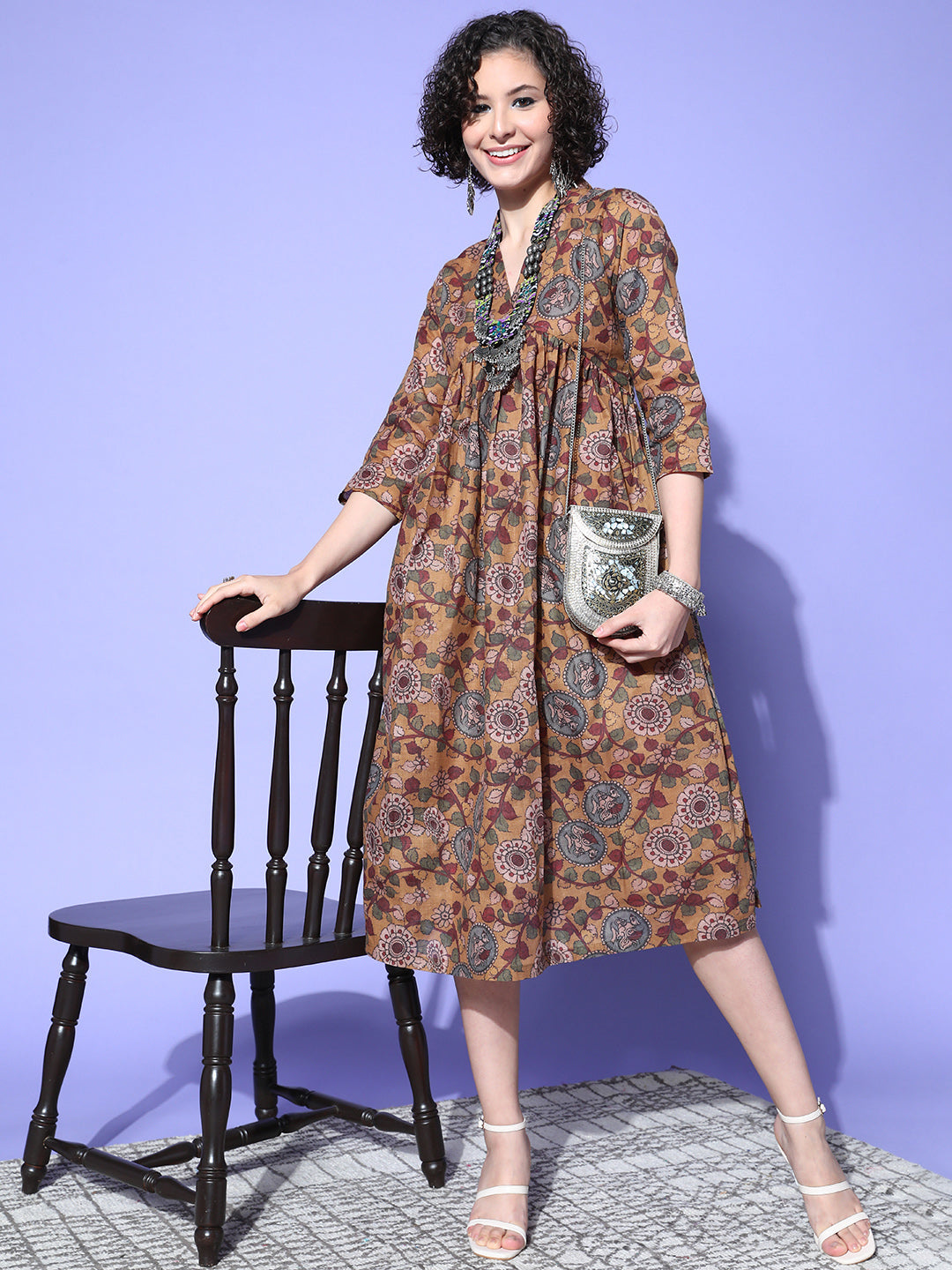 InWeave Women's Ochre Mustard Kalamkari Print Dress - Swadesiicart