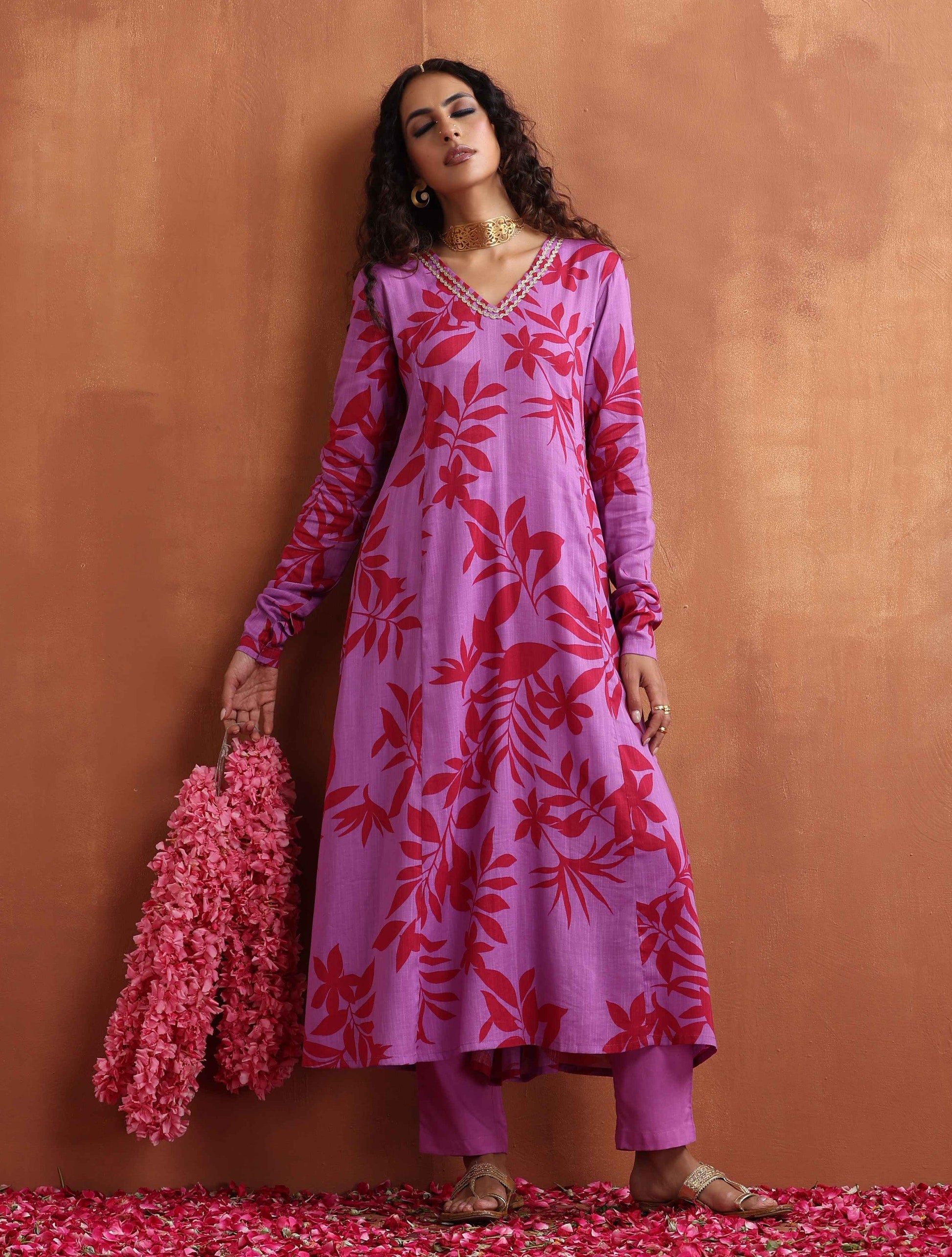 trueBrowns Purple Print A-line Kurta Set | Swadesiicart