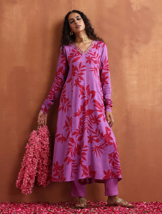 trueBrowns Purple Print A-line Kurta Set | Swadesiicart