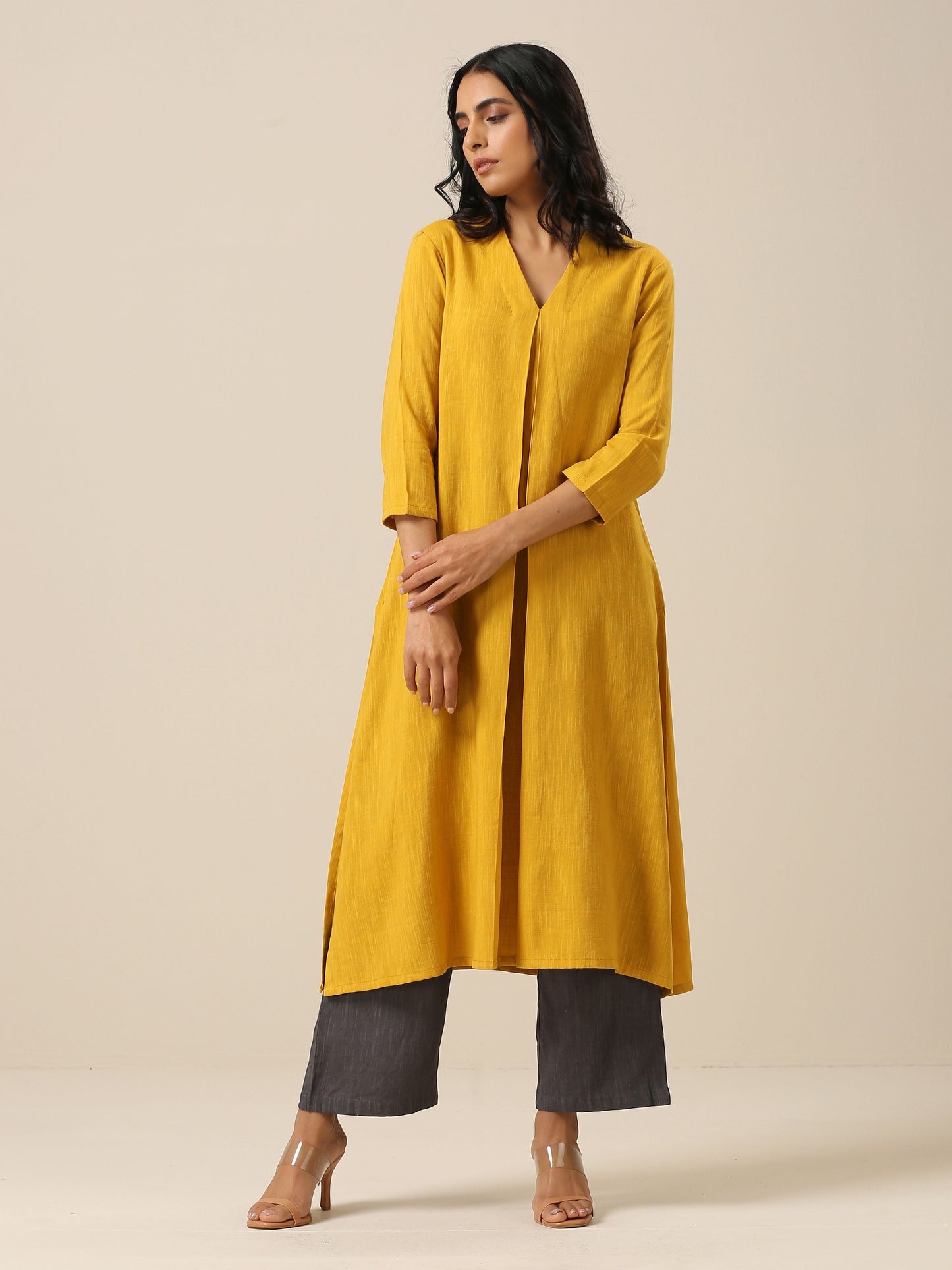 trueBrowns Mustard Yellow Slub Texture Neck Pleat Kurta Pant Set | Swadesiicart
