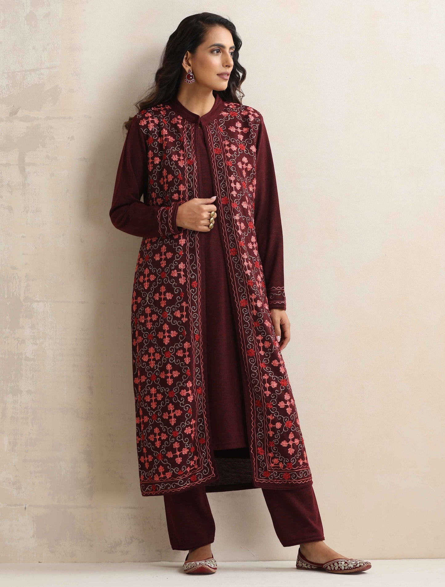 trueBrowns Purple Kashmiri Woollen Jacket 3pc Set | Swadesiicart