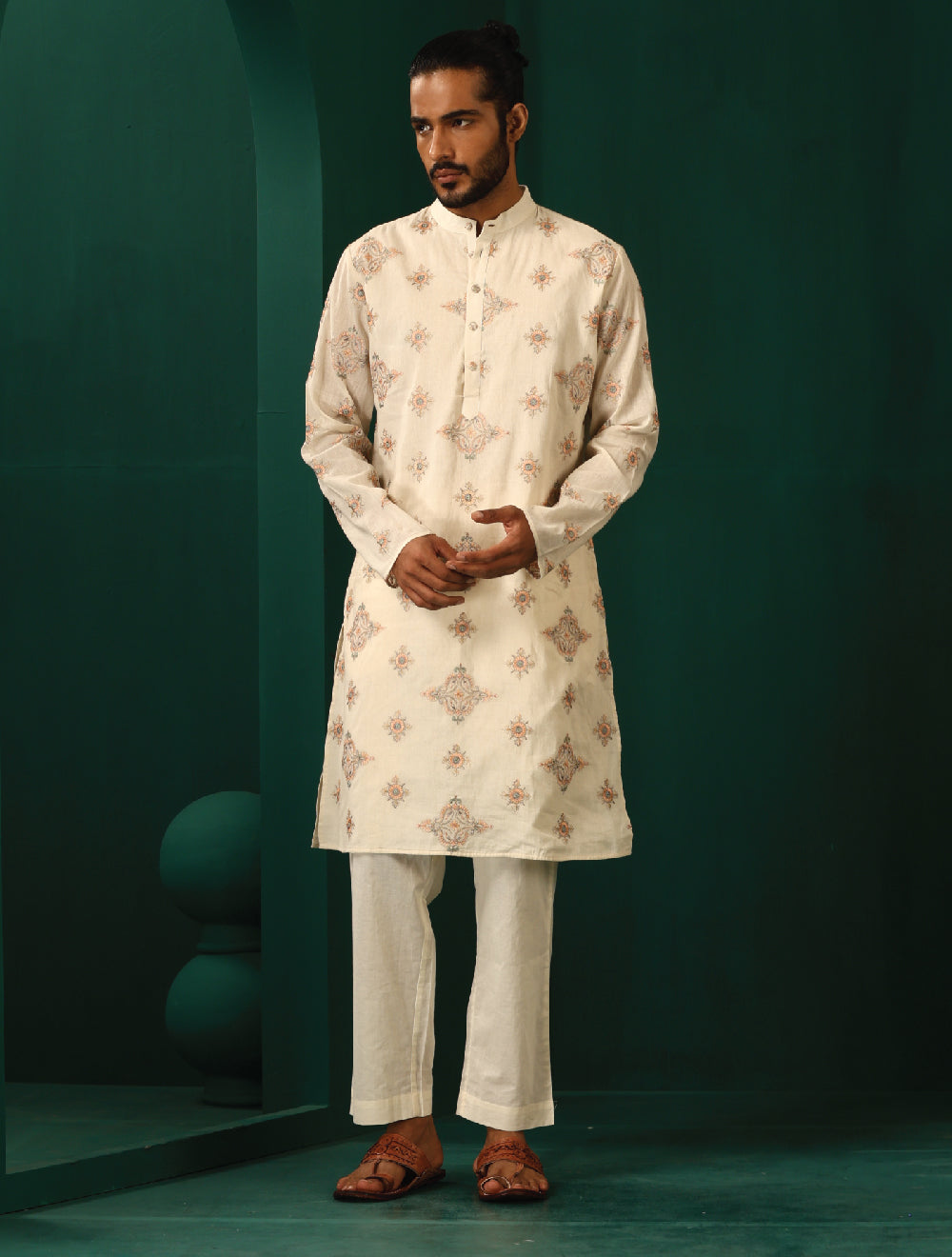 trueBrowns Men's Ivory Peach Cotton Kurta | Swadesiicart