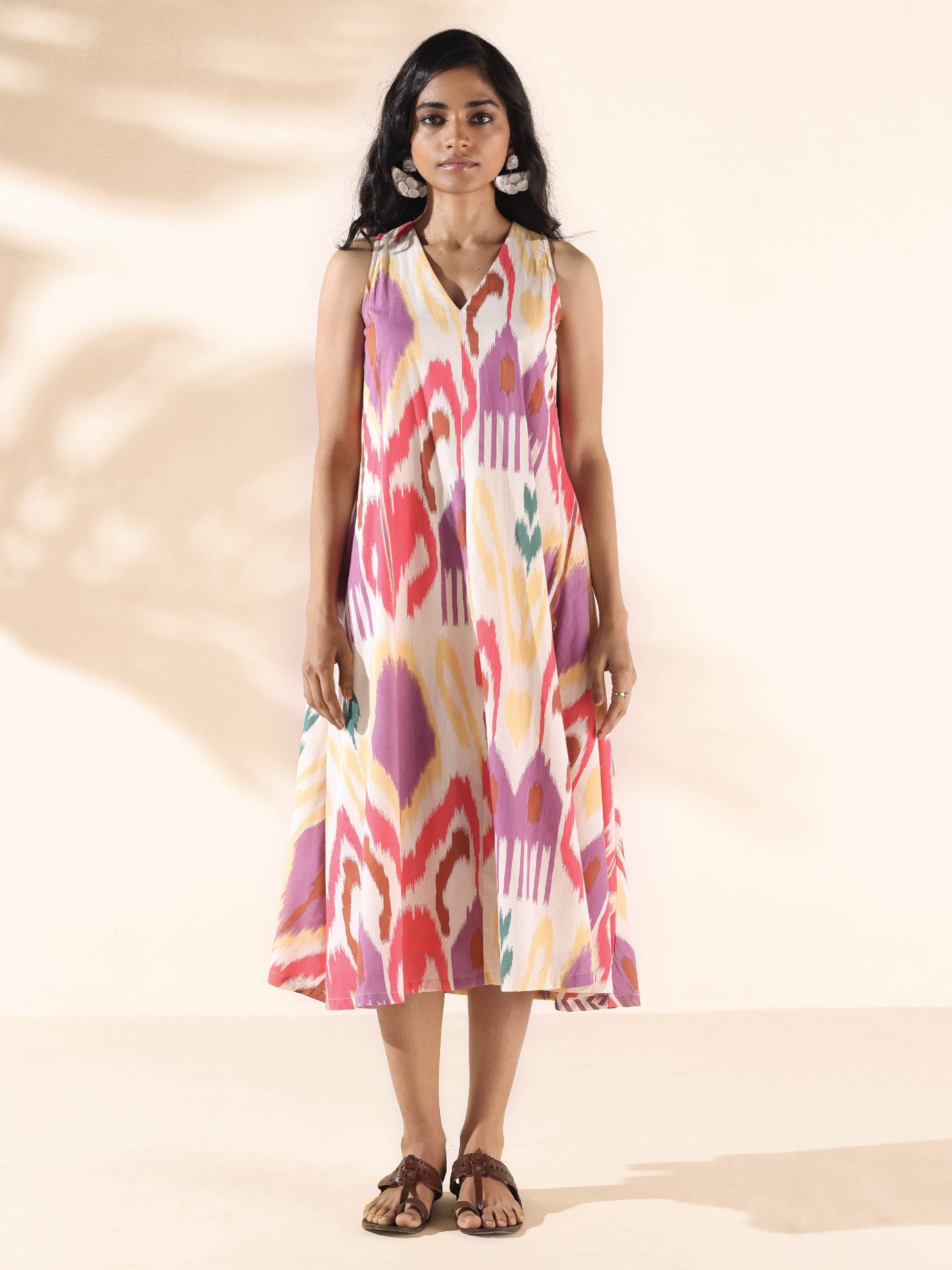 trueBrowns Pink Cotton Ikat Sleeveless Dress | Swadesiicart