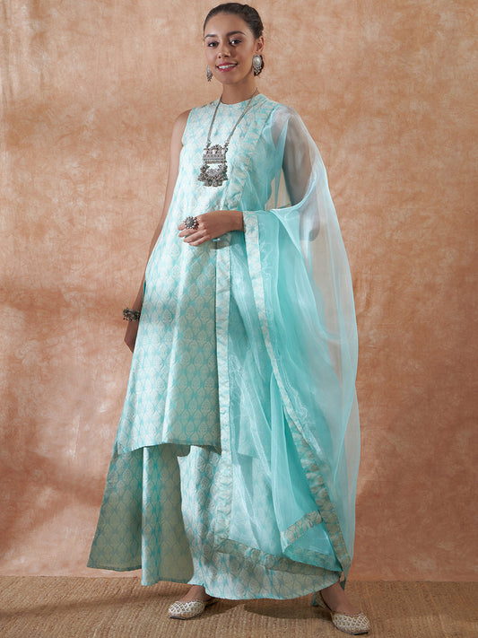 InWeave Women's Powder Blue Jacquard Halter Kurta Set W Powder Blue Or Dupatta - Swadesiicart
