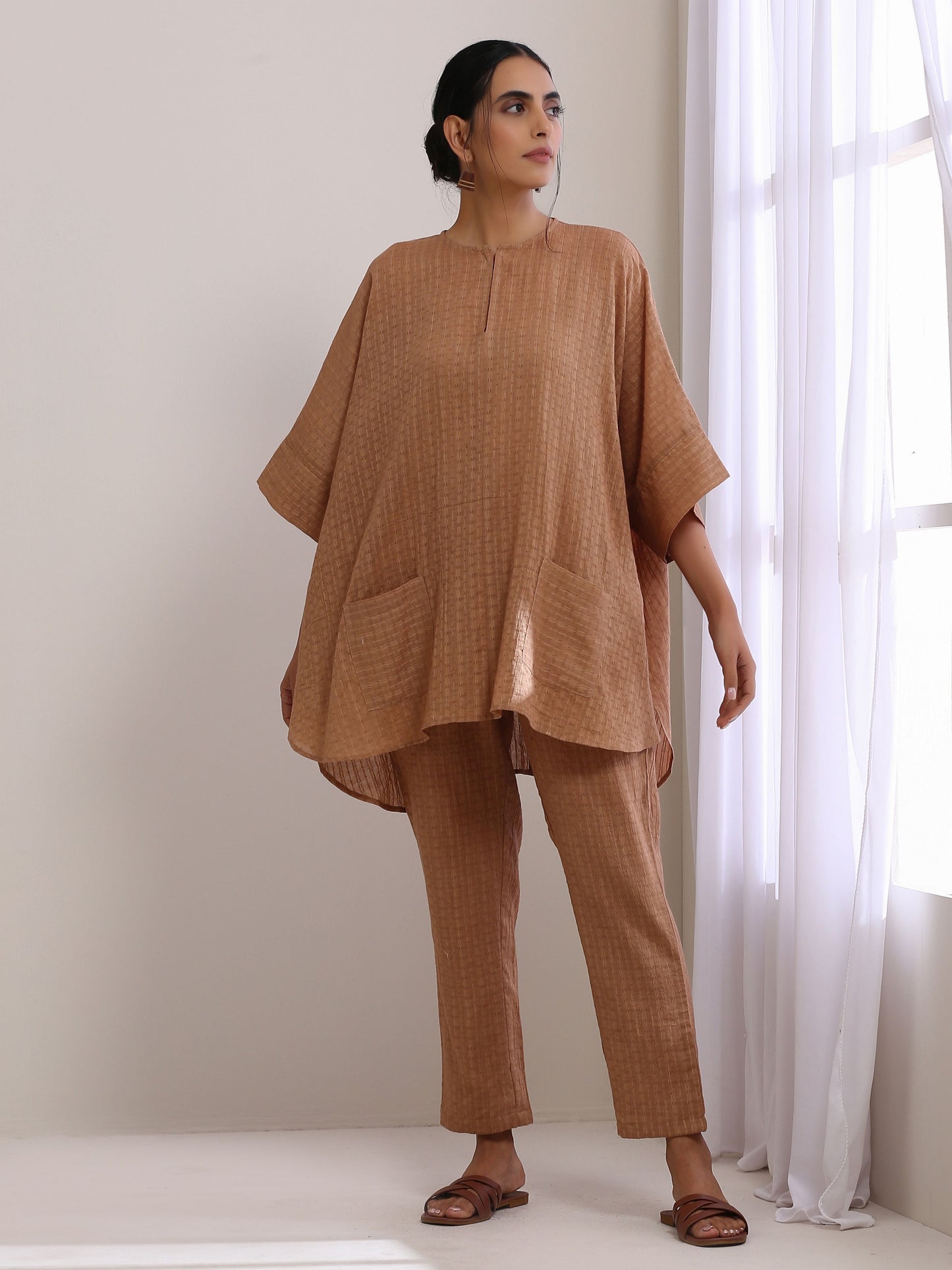 trueBrowns Beige Dobby Boxy Fit High-Low Co-Ord Set - Swadesiicart