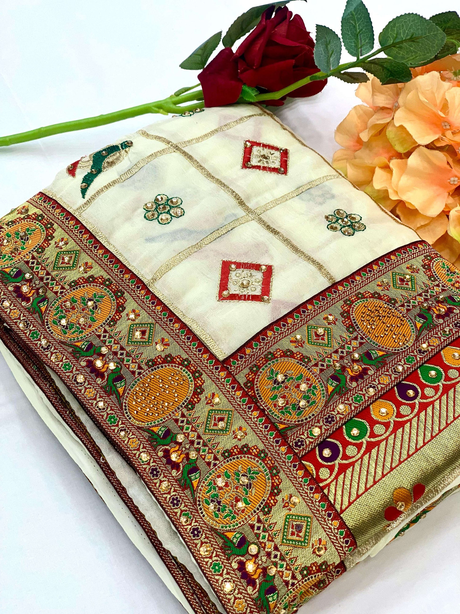 Lorenvalley Fashion Premium White Vichitra Silk Embroidery and Diamond work Both Side Saree - Swadesiicart
