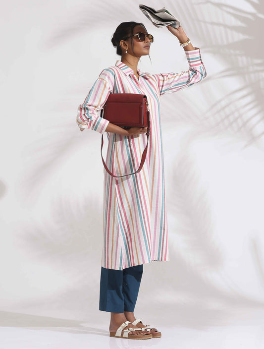 trueBrowns Off-White Cotton Multi Stripe A-line Kurta Set | Swadesiicart