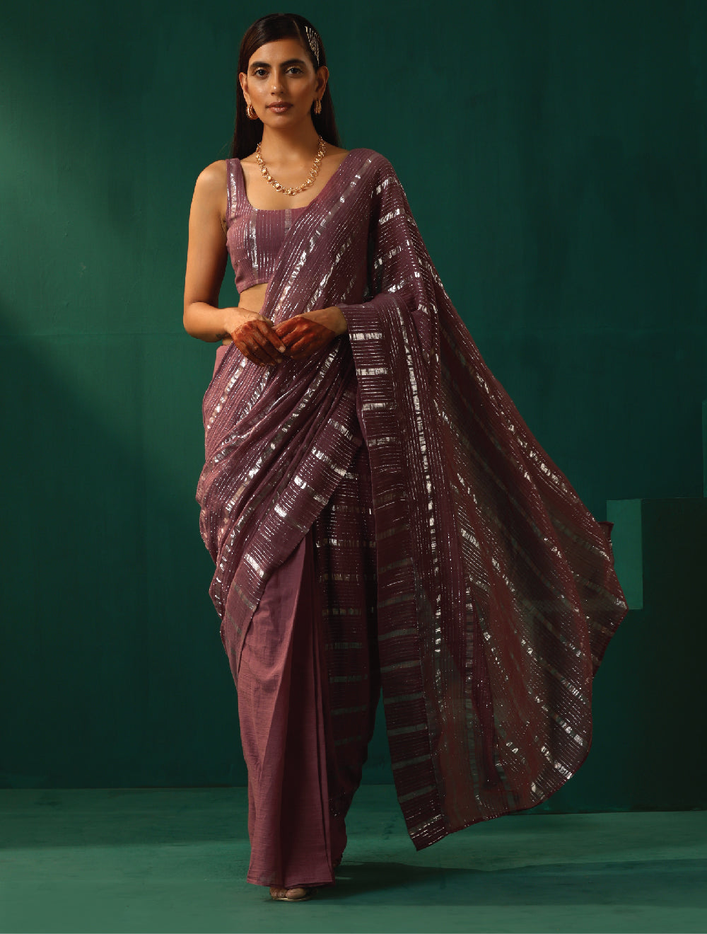 trueBrowns Mauve Cotton Silver Lurex Striped Ready to Wear Saree | Swadesiicart