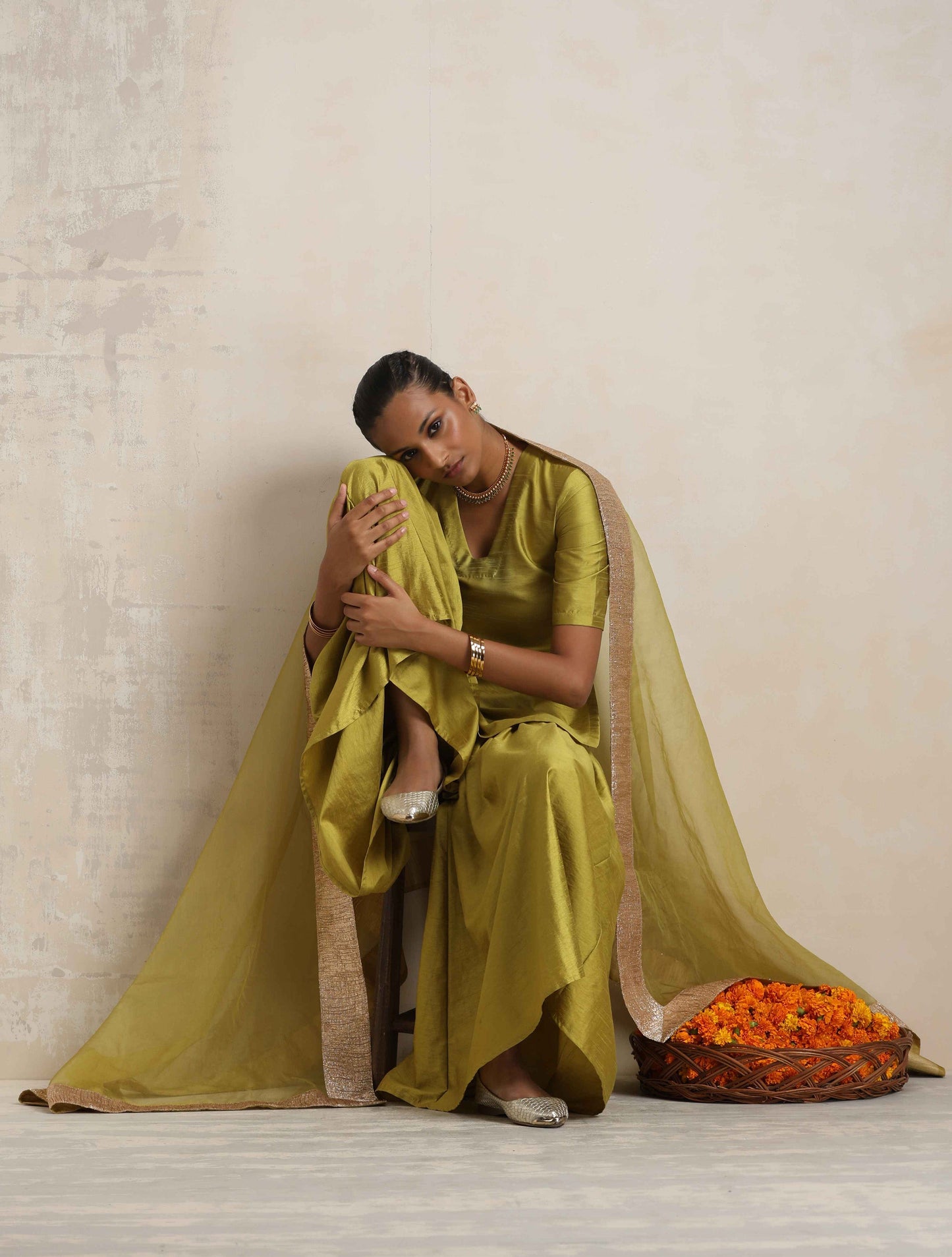 trueBrowns Green Silk Sharara Dupatta Set | Swadesiicart