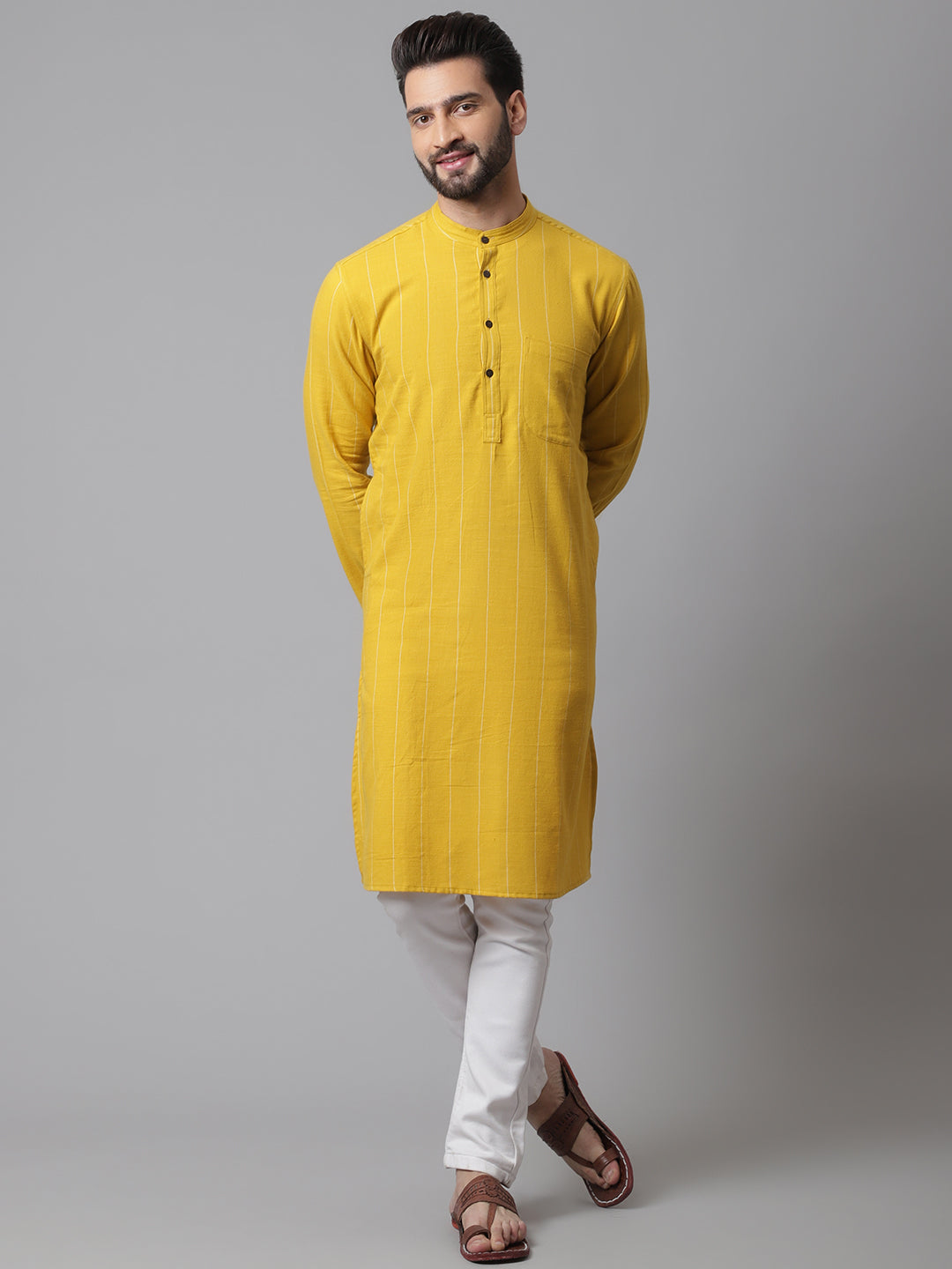 Even Apparels Yellow Pure Cotton Kurta With Band Collar | Swadesiicart
