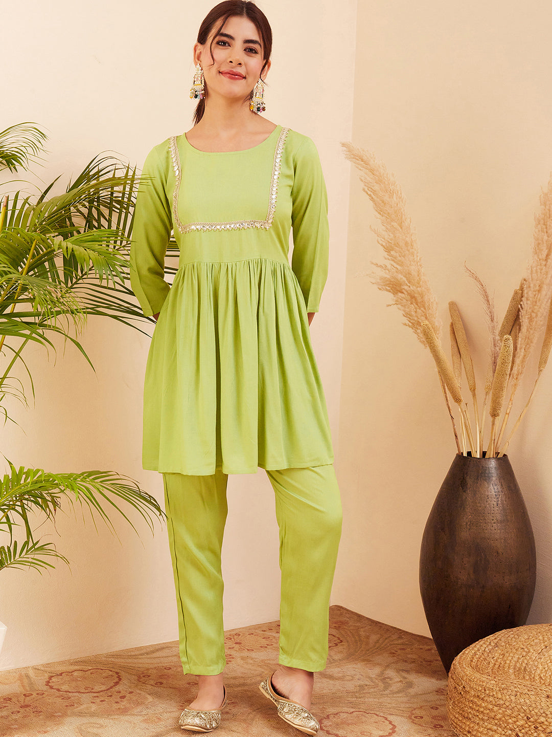 InWeave Women's Pear Green Round Neck Square Gota Work Kurta Pant Set - Swadesiicart