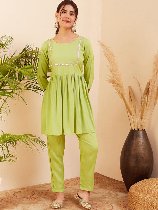InWeave Women's Pear Green Round Neck Square Gota Work Kurta Pant Set - Swadesiicart